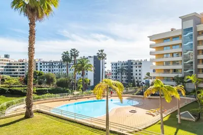 a swimming pool with palm trees and buildings at Lux Garden View by Homie in Funchal