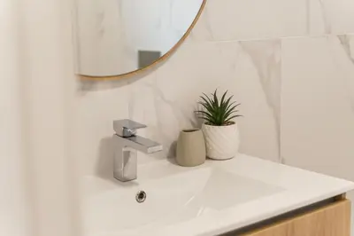 a bathroom sink with a mirror and a potted plant at GuestReady - The perfect place to relax in Funchal in Funchal