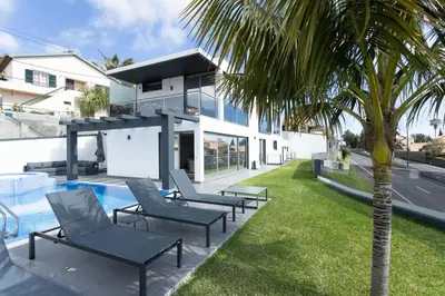 a house with a swimming pool and a palm tree at Villa Andrade Ocean View in Funchal