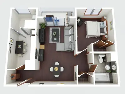 a rendering of a small apartment floor plan at Maderia Emotions I, By OP in Funchal