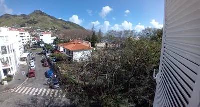 a view of a city with a mountain in the background at apartamento Zarco in Machico
