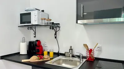 a kitchen counter with a sink and a microwave at Rosalita s View in Funchal