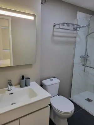 a bathroom with a toilet and a sink and a shower at Apartamento Vista Mar in Funchal