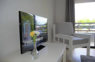 a vase with flowers on a table in a living room at Apartamentos Turísticos Vitoria by Petit Hotels in Funchal