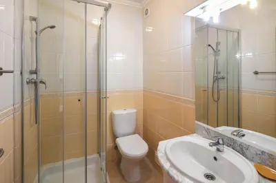 a bathroom with a toilet and a sink and a shower at Apt. Palmeira in Luz