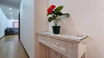 a red flower in a vase on a cabinet in a room at Lexus Apartment - Garajau in Caniço