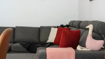 a living room with a gray couch with red pillows at Brava Suite by LovelyStay in Ribeira Brava