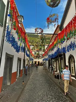 a man walking down a cobblestone street with colorful decorations at Villa Michelangelo in Câmara de Lobos