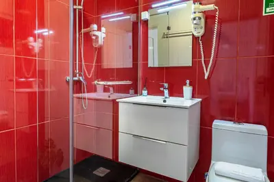 a red bathroom with a toilet and a sink at Casa Barcelos View in Funchal