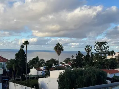 a view of a city with palm trees and the ocean at Welcome to Paradise Island in Caniço