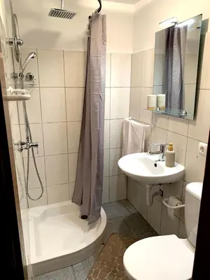 a bathroom with a shower and a sink and a toilet at Amélia's House in Seixal