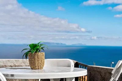 a table with a plant on top of a balcony with the ocean at Casa da Cristina in Santa Cruz