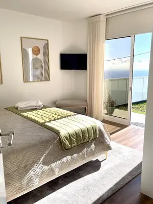 a bedroom with a large bed and a large window at Filipe's Green Landscape in Tábua