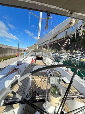 a view from the cockpit of a boat in a harbor at Timeresci in Calheta