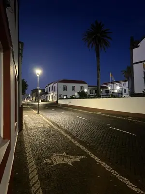 an empty street at night with a palm tree at Casa da Avó - Vila do Porto in Vila do Porto