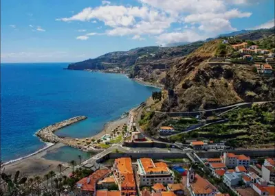 an aerial view of a beach and the ocean at Paradise House in Ponta do Sol