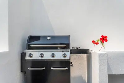 a grill and a vase with red flowers on a wall at NEW! Nature Paradise with Ocean View & Hot Tubs in Fajã da Ovelha