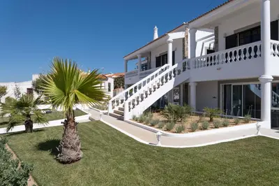 a white house with a palm tree in the yard at CoWorking and CoLiving Villa in Sagres