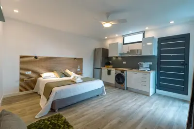 a large bedroom with a bed and a kitchen at Casa do Faiska in Câmara de Lobos