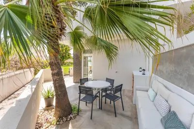 a patio with a table and chairs and a palm tree at FLH Funchal Terrace Studio in Funchal
