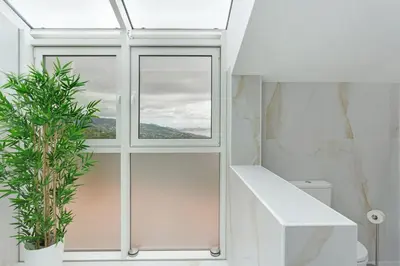 a bathroom with a window and a potted plant at Casa Belavista in Gaula