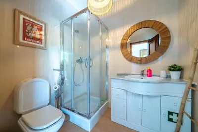 a bathroom with a shower and a toilet and a sink at Casa do Sol in Bordeira