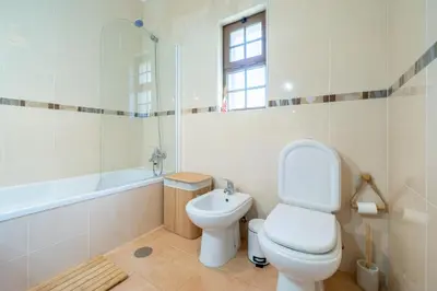 a bathroom with a toilet and a shower and a sink at Casa do Sol in Bordeira