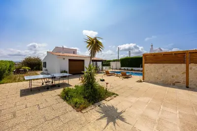 a patio with a table and a palm tree in front of a house at Casa Salácia in Aljezur