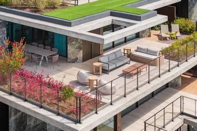 an aerial view of a building with a patio at Giluca Retreat in Funchal