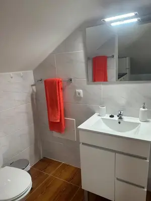 a bathroom with a white sink and a toilet at Gori House in Madalena do Mar