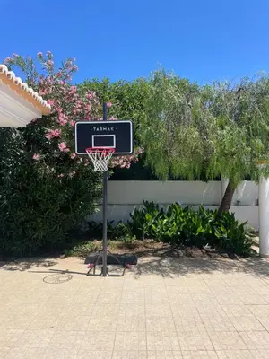 a basketball hoop in front of a building with flowers at Vila Rolas - Beautiful 5 bed villa with pool and aircon 3 min to Luz beach in Luz