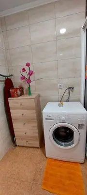 a washing machine in a room with a vase of flowers at Apartamento Villa 4 in Ponta do Sol