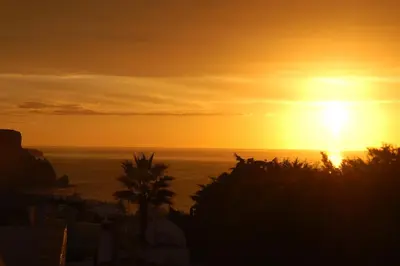 a sunset over the ocean with a palm tree at Villa Sorriso in Luz