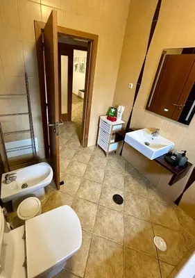 a bathroom with a toilet and a sink and a mirror at Salty & Swell Apartment in Sagres