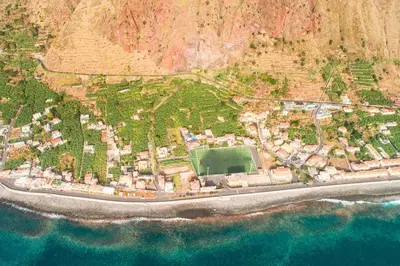an aerial view of a soccer field on the beach at Villa Salinas in Paul do Mar