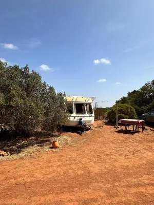a boat parked in a field next to a picnic table at Michas caravan for 2 See the herd of horses from your bed in Barão de São João