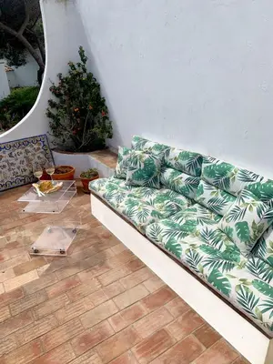 a living room with a couch and a christmas tree at Casa da Ingrina in Raposeira