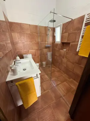 a bathroom with a sink and a shower at Casa da Ingrina in Raposeira