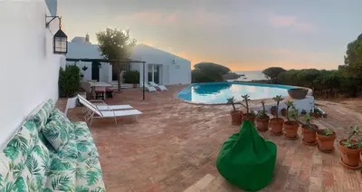 a villa with a swimming pool and potted plants at Casa da Ingrina in Raposeira