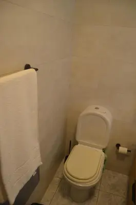 a bathroom with a white toilet and a towel at Vista dos Encantos in Machico