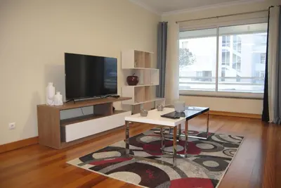 a living room with a flat screen tv and a rug at Aurora Park com piscina in Funchal