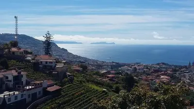 a view of a city and the ocean from a hill at Vista Funchal in Funchal