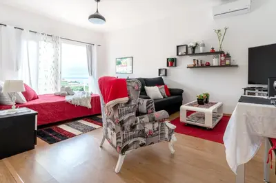 a living room with a couch and a red rug at Casa Annie in Arco da Calheta