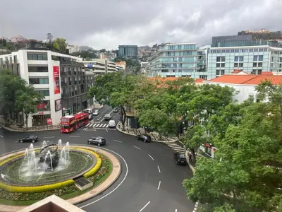 a city street with a fountain in the middle at Vista Montanha Funchal in Funchal