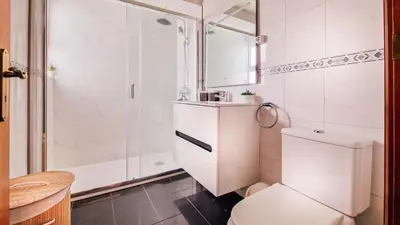 a white bathroom with a shower and a toilet at Madeira Residence in Funchal