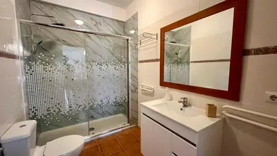 a bathroom with a shower and a toilet and a sink at ZainAli Guest House in Funchal