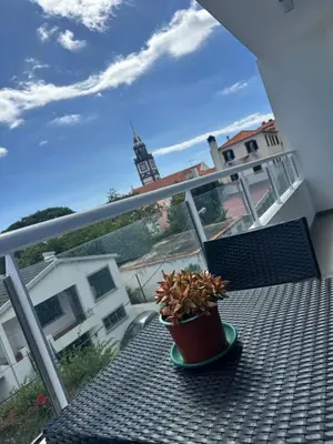 a potted plant sitting on a table on a balcony at Prestige Solmar - Sea View Apartment - Free covered parking - Caniço Center in Caniço