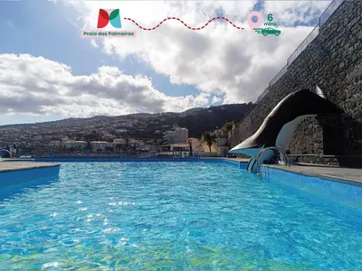 a swimming pool with a dolphin in the water at Moradia Garcês in Santa Cruz