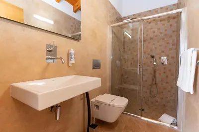 a bathroom with a sink and a shower and a toilet at Quinta da Amoreira in Barão de São Miguel
