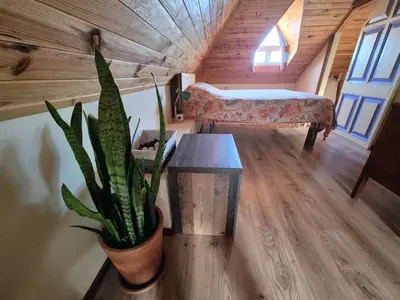 a potted plant in a room with a bed and a table at Quinta do Ribeiro Real in Câmara de Lobos